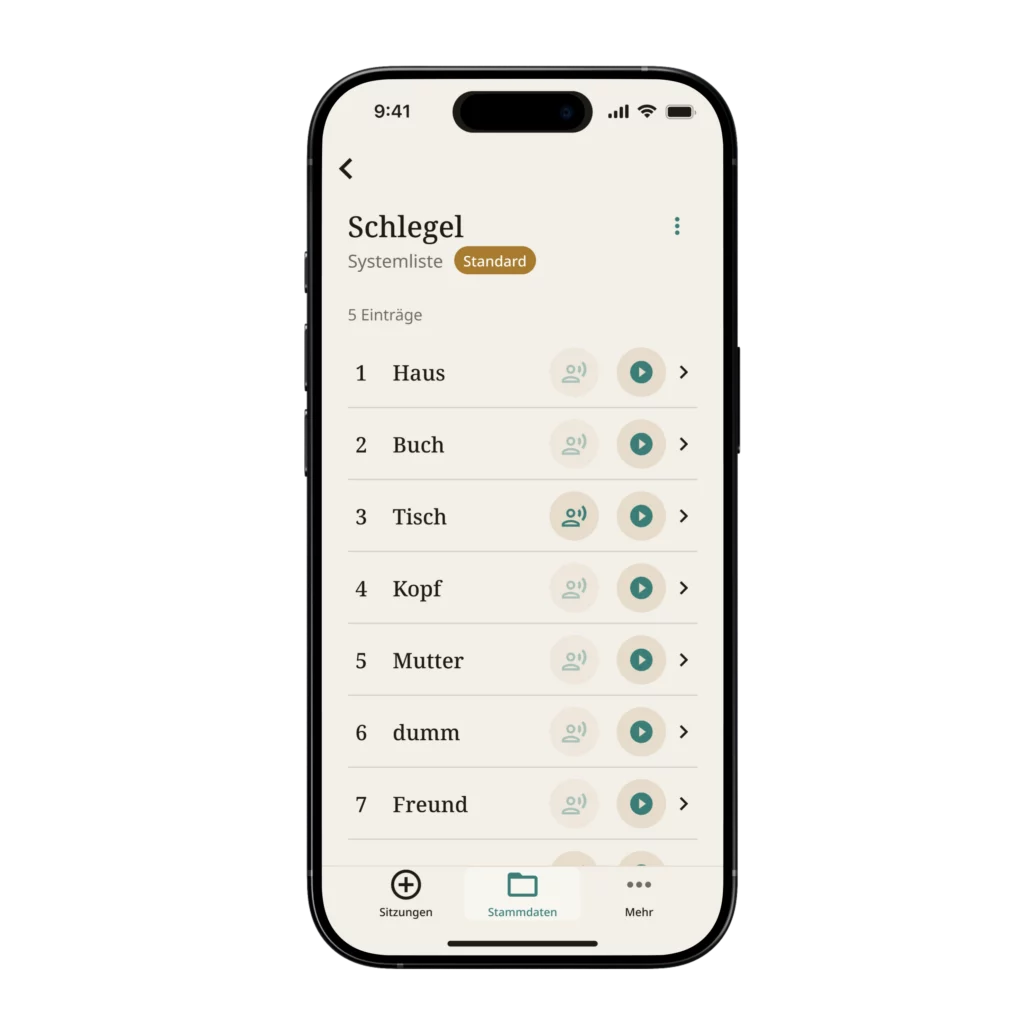 Reizwortliste der Sinfothek-App: nummerierte Liste mit Reizwörtern wie Haus, Buch und Tisch, jeweils mit Schaltflächen zum Abspielen und Bearbeiten.
