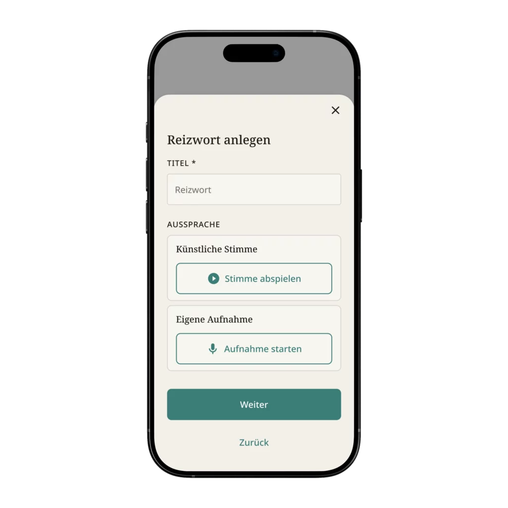 Vorlesefunktion der Sinfothek-App: Dialog zum Anlegen eines Reizworts mit Auswahl zwischen künstlicher Stimme und eigener Sprachaufnahme.