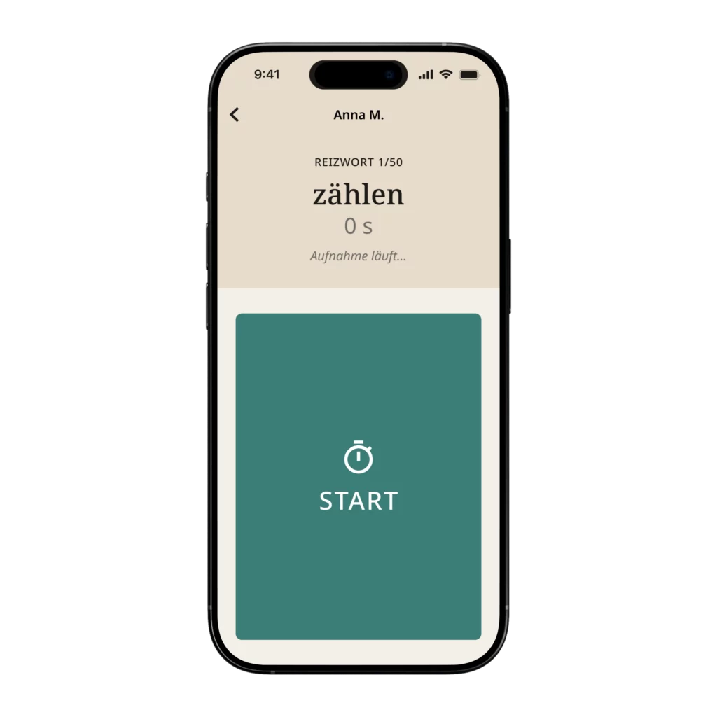 Stoppuhr-Funktion der Sinfothek-App: Reizwort „zählen" mit laufender Zeitmessung und großer Start-Schaltfläche zum Erfassen der Reaktionszeit.
