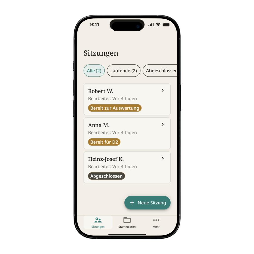 Sitzungsverwaltung der Sinfothek-App: Übersicht laufender und abgeschlossener Sitzungen mit Status und Schaltfläche zum Anlegen einer neuen Sitzung.