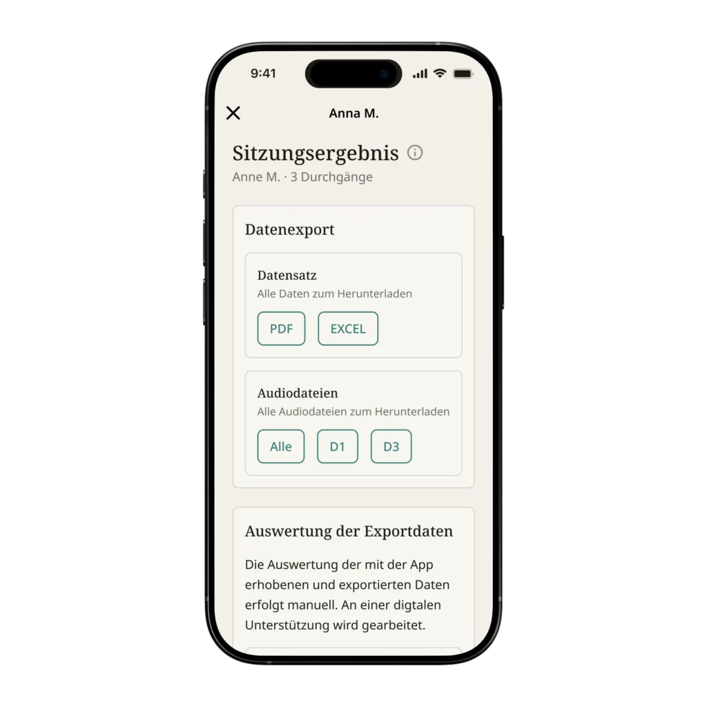 Datenexport in der Sinfothek-App: Sitzungsergebnis mit Optionen zum Herunterladen der Daten als PDF oder Excel und Export der Audiodateien.