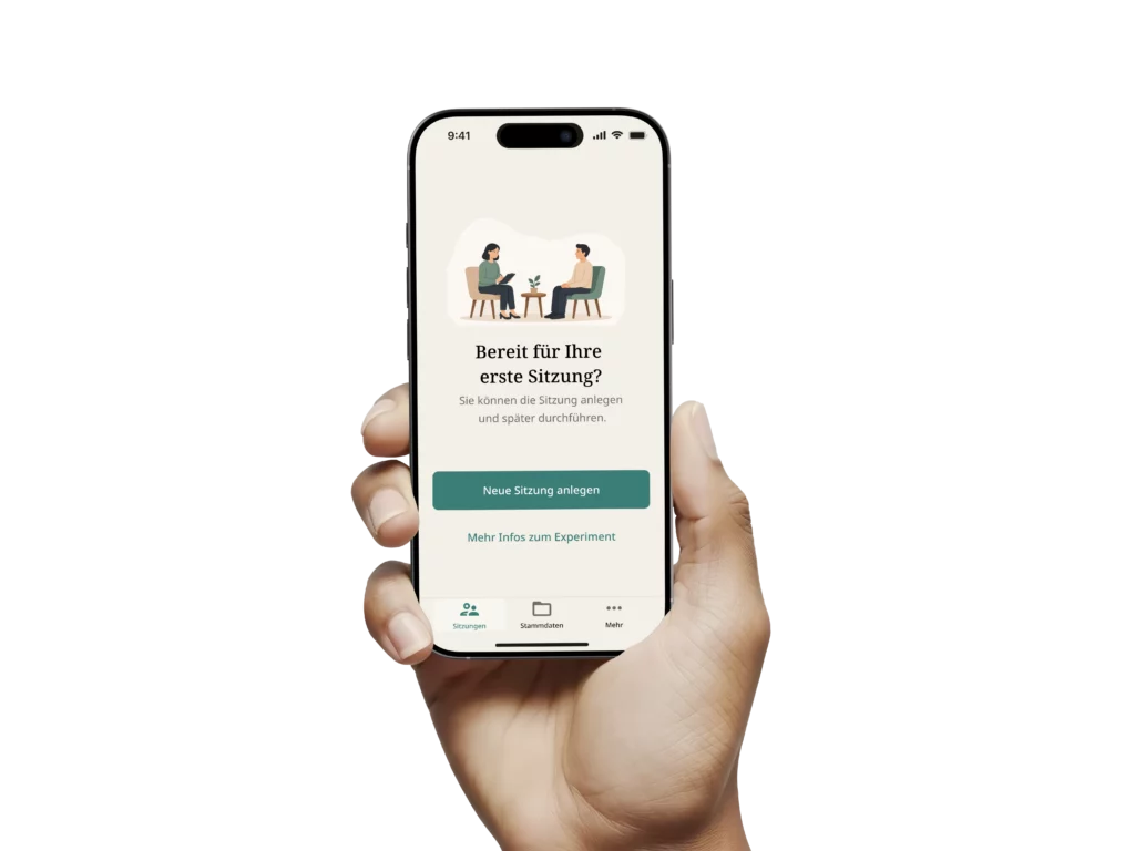 Hand hält ein Smartphone mit der Sinfothek-App: Startbildschirm mit Illustration einer Gesprächssituation und Schaltfläche zum Anlegen einer neuen Sitzung.