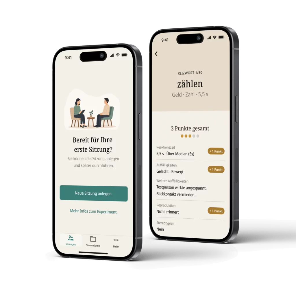 Sinfothek-App auf zwei Smartphones: links der Startbildschirm zum Anlegen einer Sitzung, rechts die Auswertung eines Reizworts mit Reaktionszeit und Punkten.